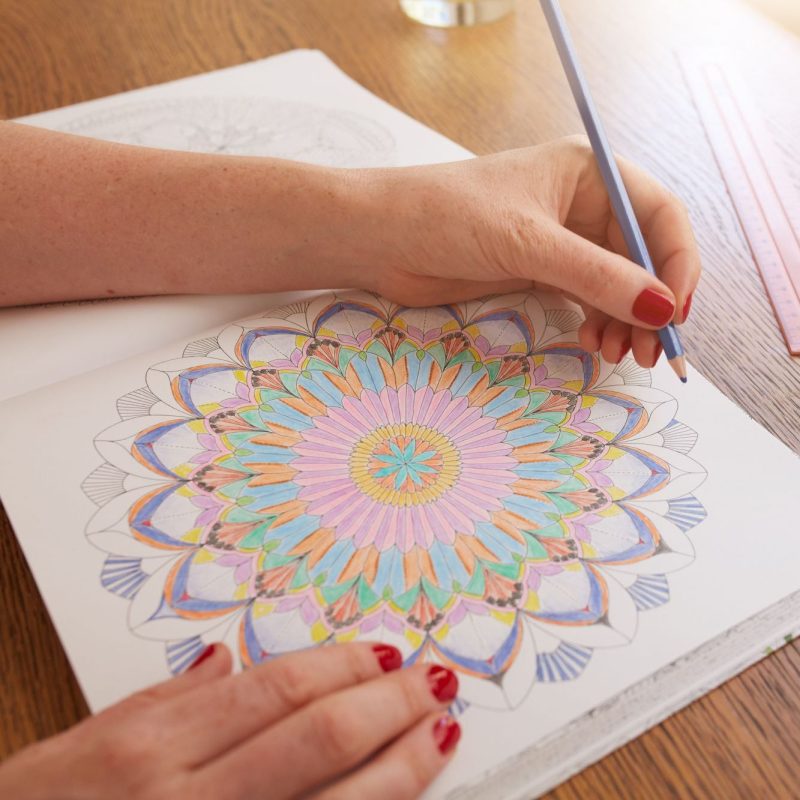 Woman hands drawing in adult colouring book Close up image of woman hands drawing in adult colouring book on a table at home.