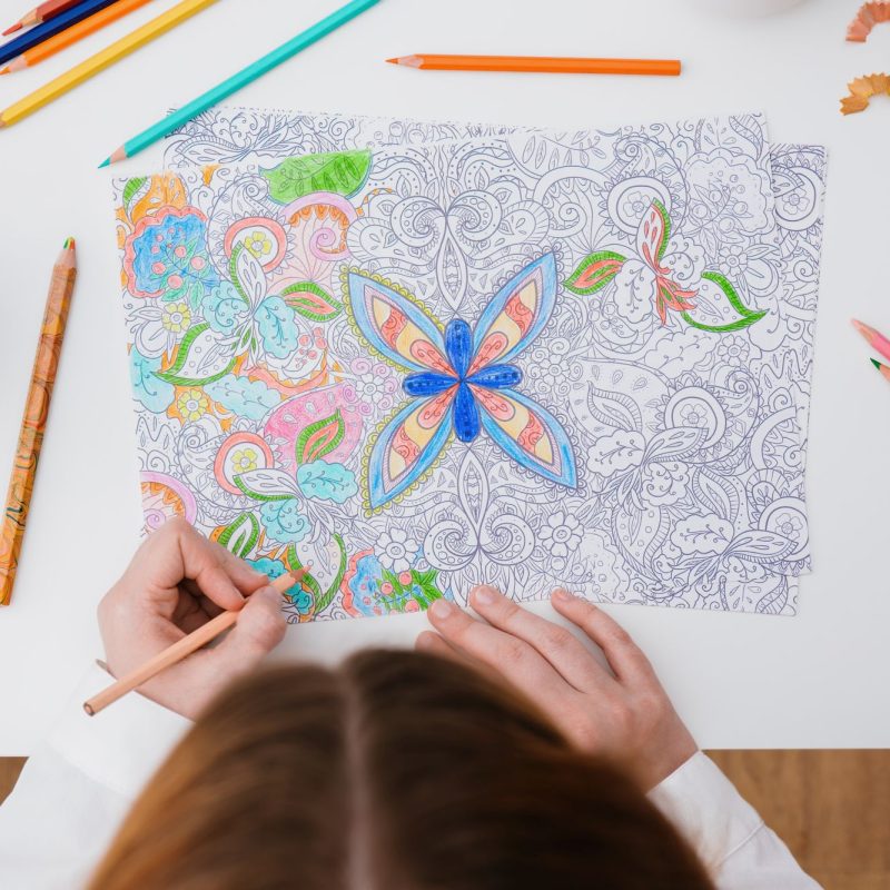 Adult coloring anti stress page or coloring book, self care and mental health, leisure option and hobby. Adult coloring anti stress page or coloring book, self care and mental health, leisure option and hobby